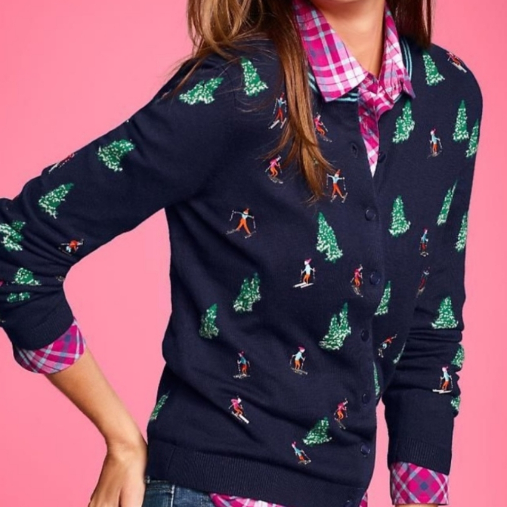 Talbots Novelty Sweater Ski Snowy Trees Cardigan Navy Blue XLP NWT